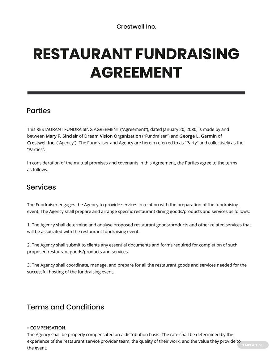 Restaurant Fundraising Agreement Template Google Docs, Word, Apple