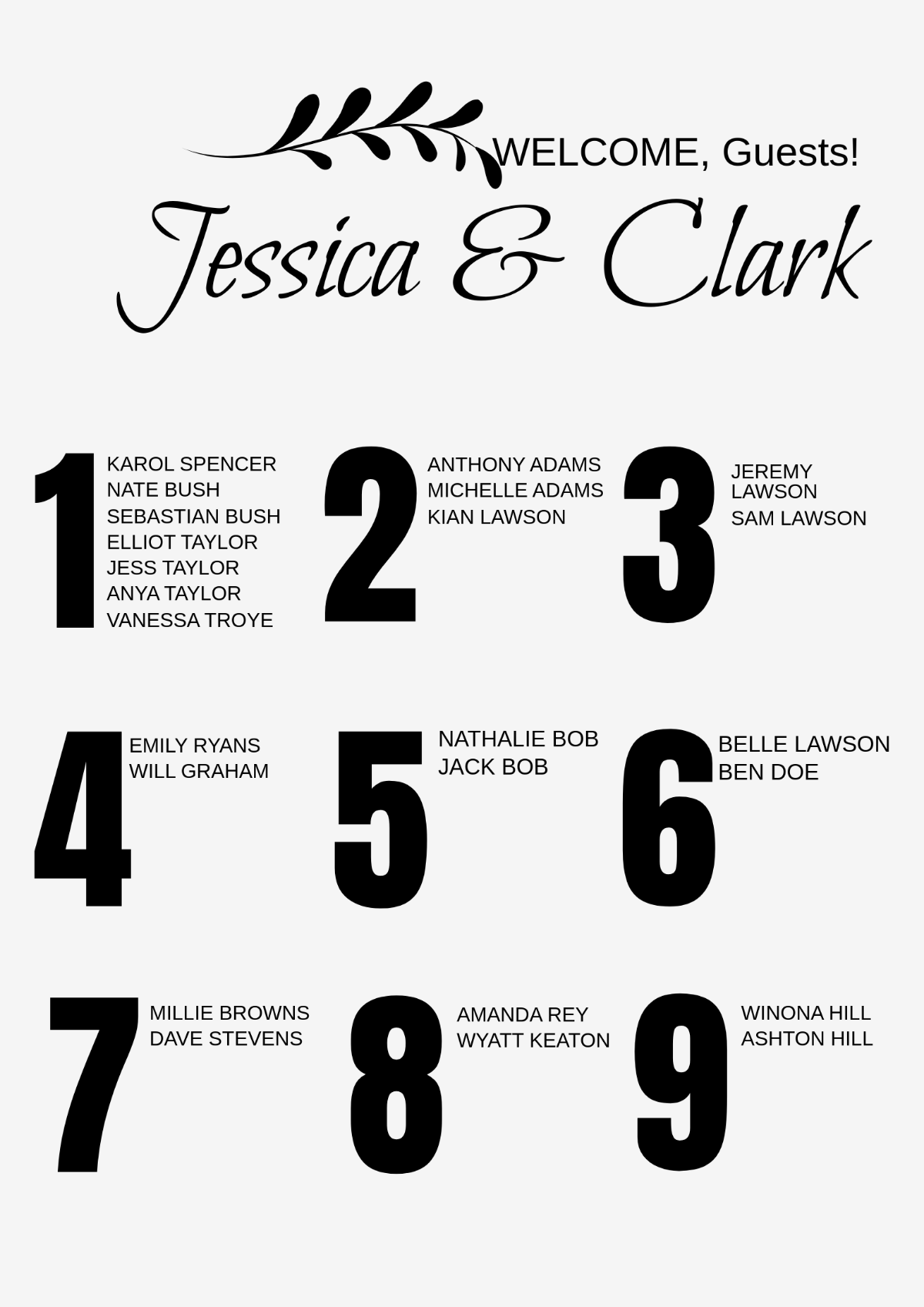 Wedding Table Number Seating Chart Template