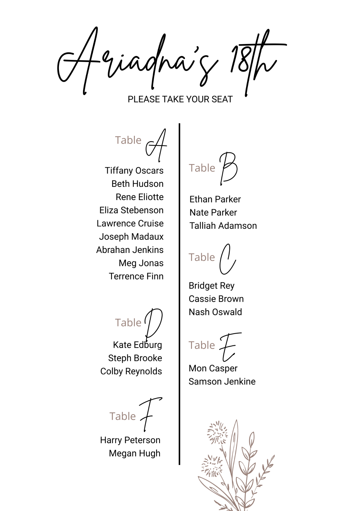 Elegant Table Seating Chart Template