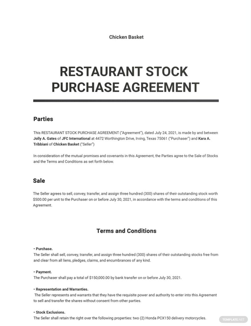 Restaurant Stock Purchase Agreement Template