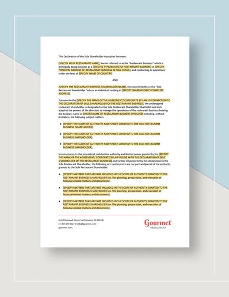 Restaurant Declaration of the Sole Shareholder Template - Google Docs ...