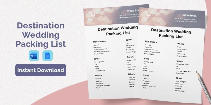 Destination Wedding Packing List Template in Word, Google Docs, Apple Pages