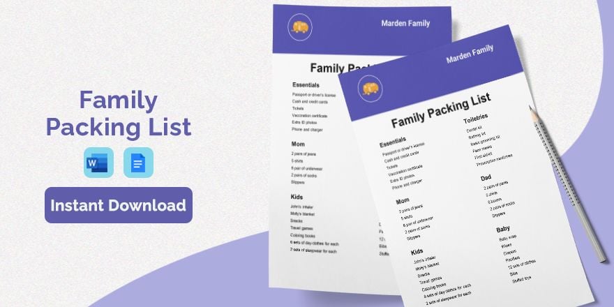 Family Packing List Template in Word, Google Docs, Apple Pages
