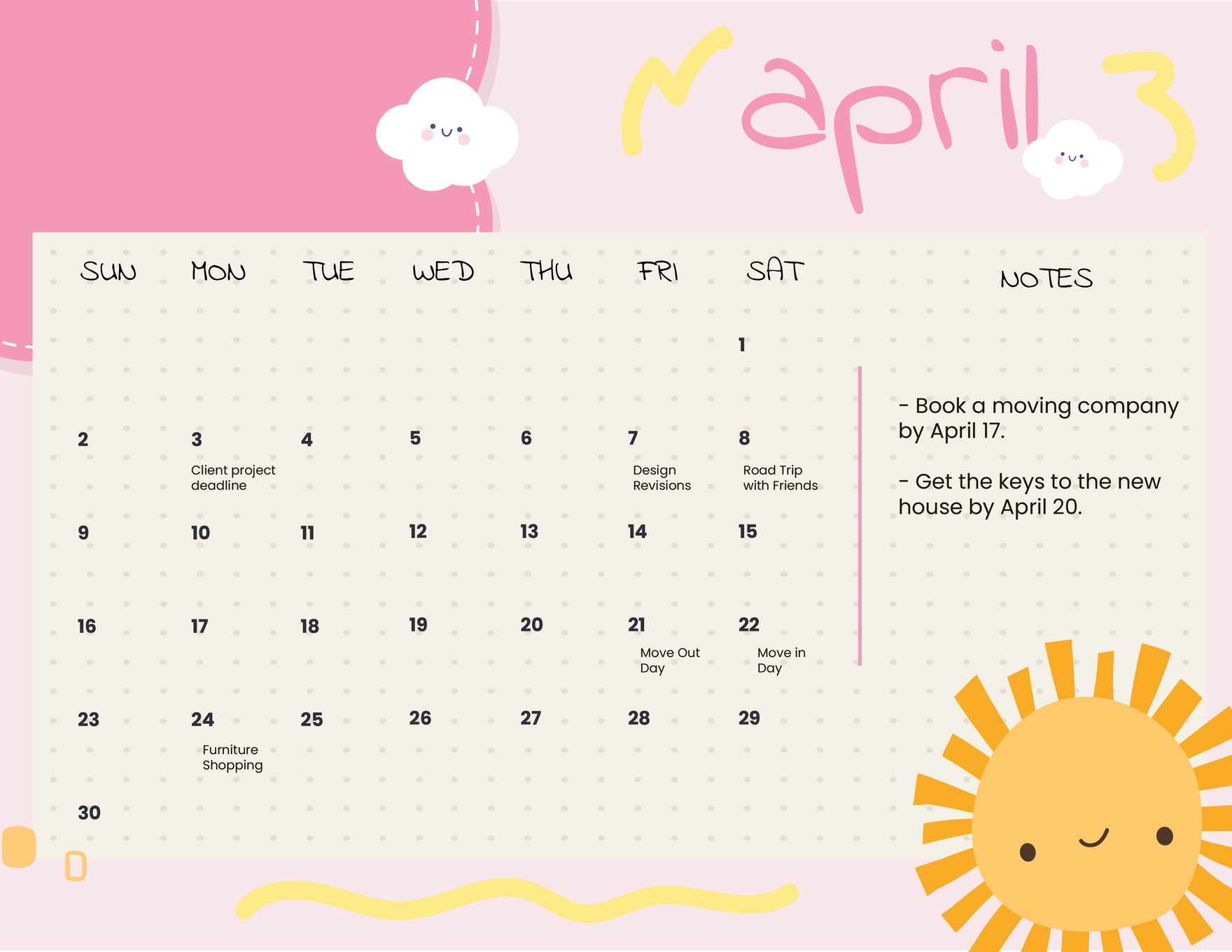 Pink April 2023 Calendar in PSD, Illustrator, Pages, Word, Google Docs