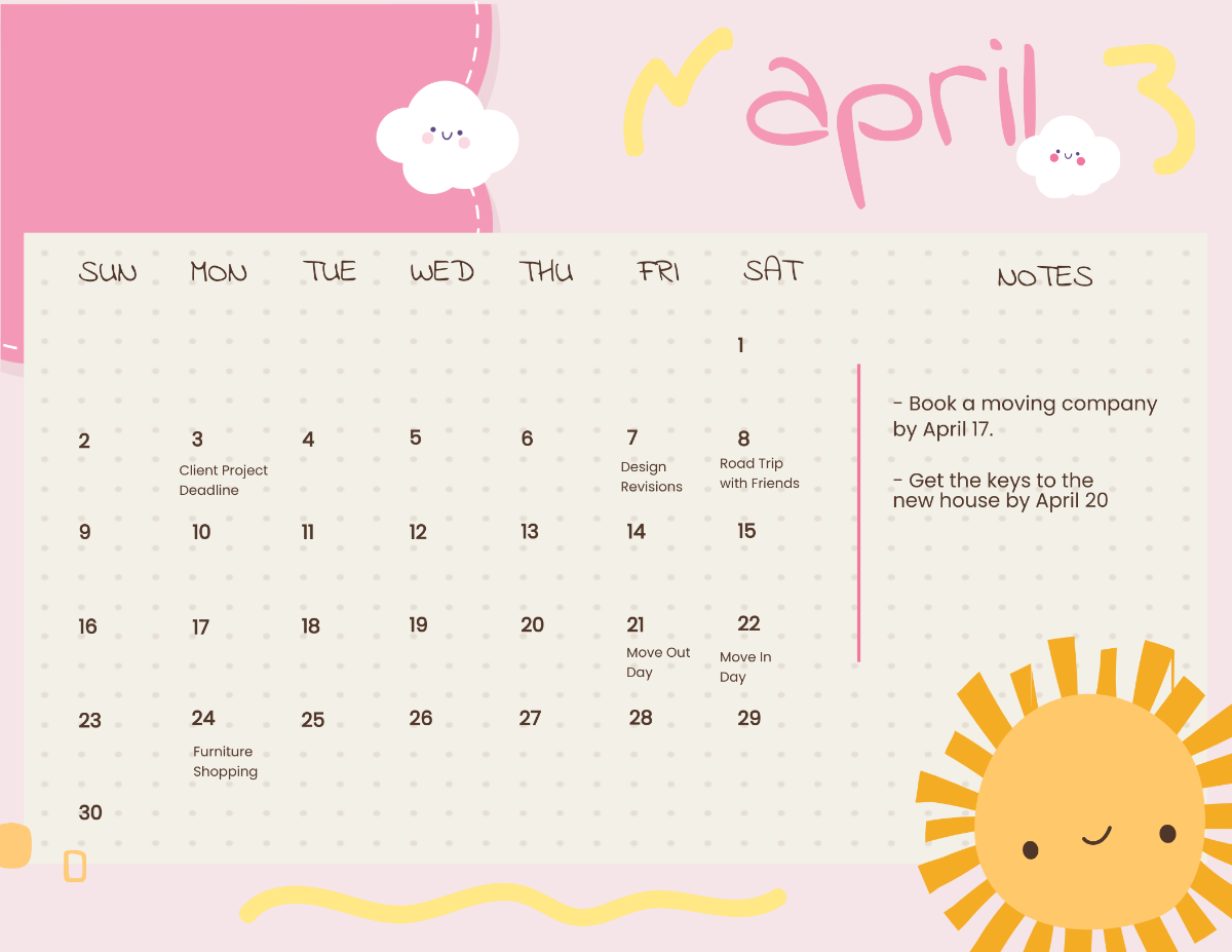 Cute April 2023 Calendar Template