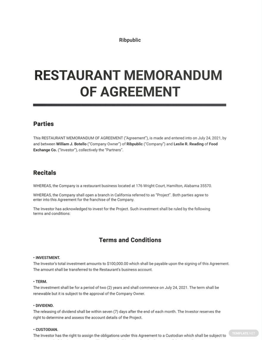 Free Restaurant Memorandum of Agreement Template