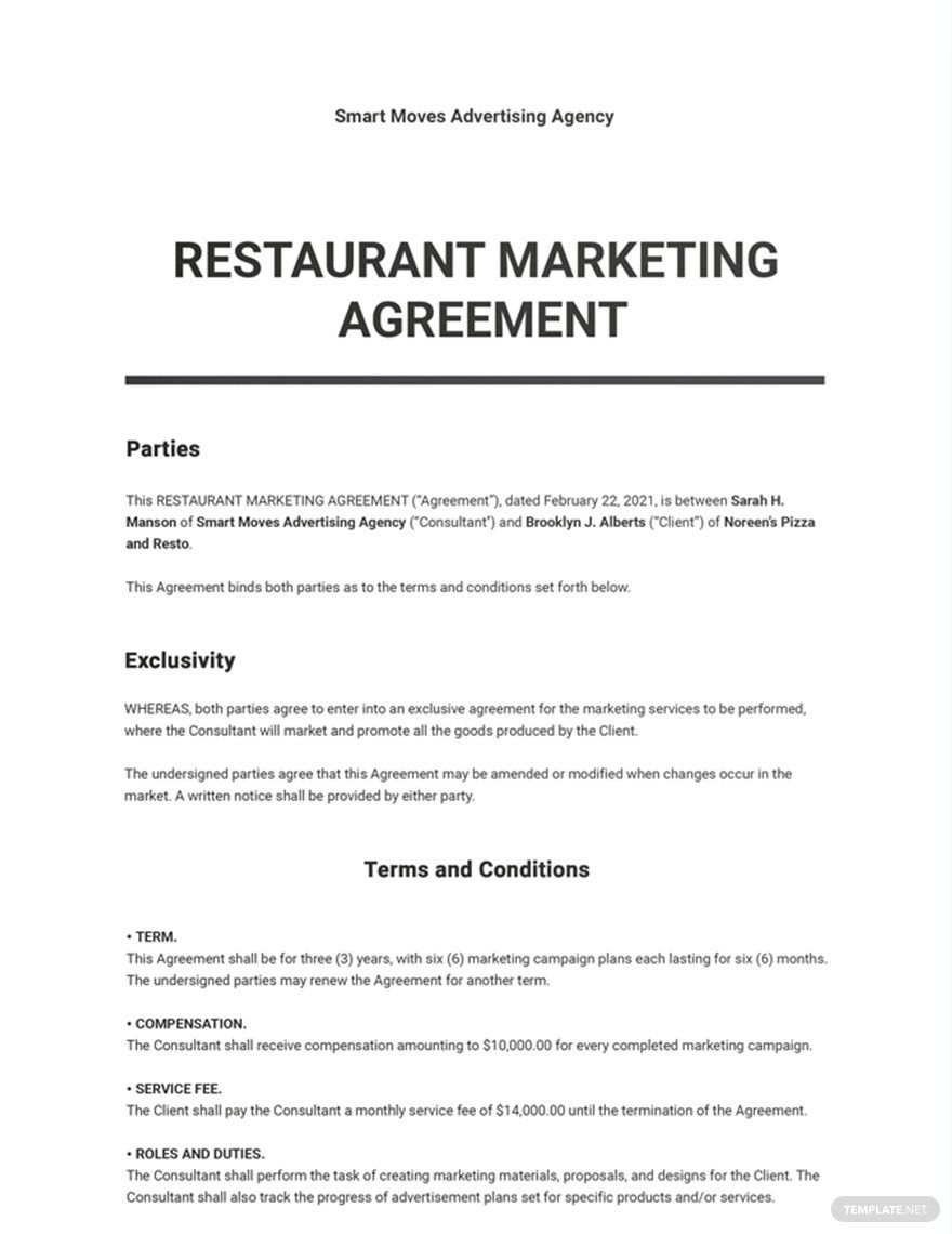 Restaurant Marketing Agreement Template