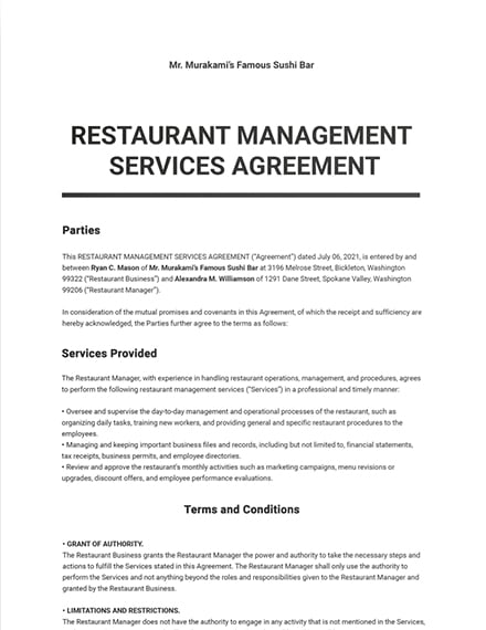Restaurant Management Services Agreement Template Google Docs Word
