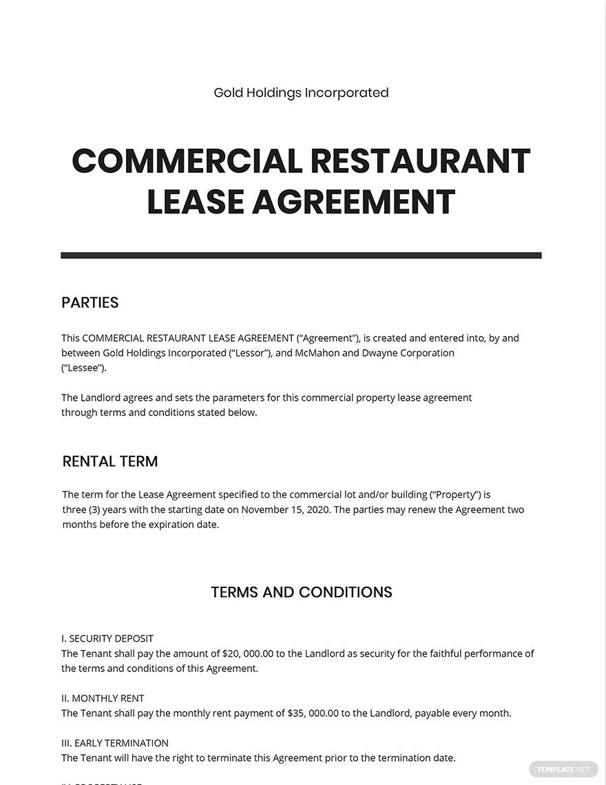 Commercial Restaurant Lease Agreement Template