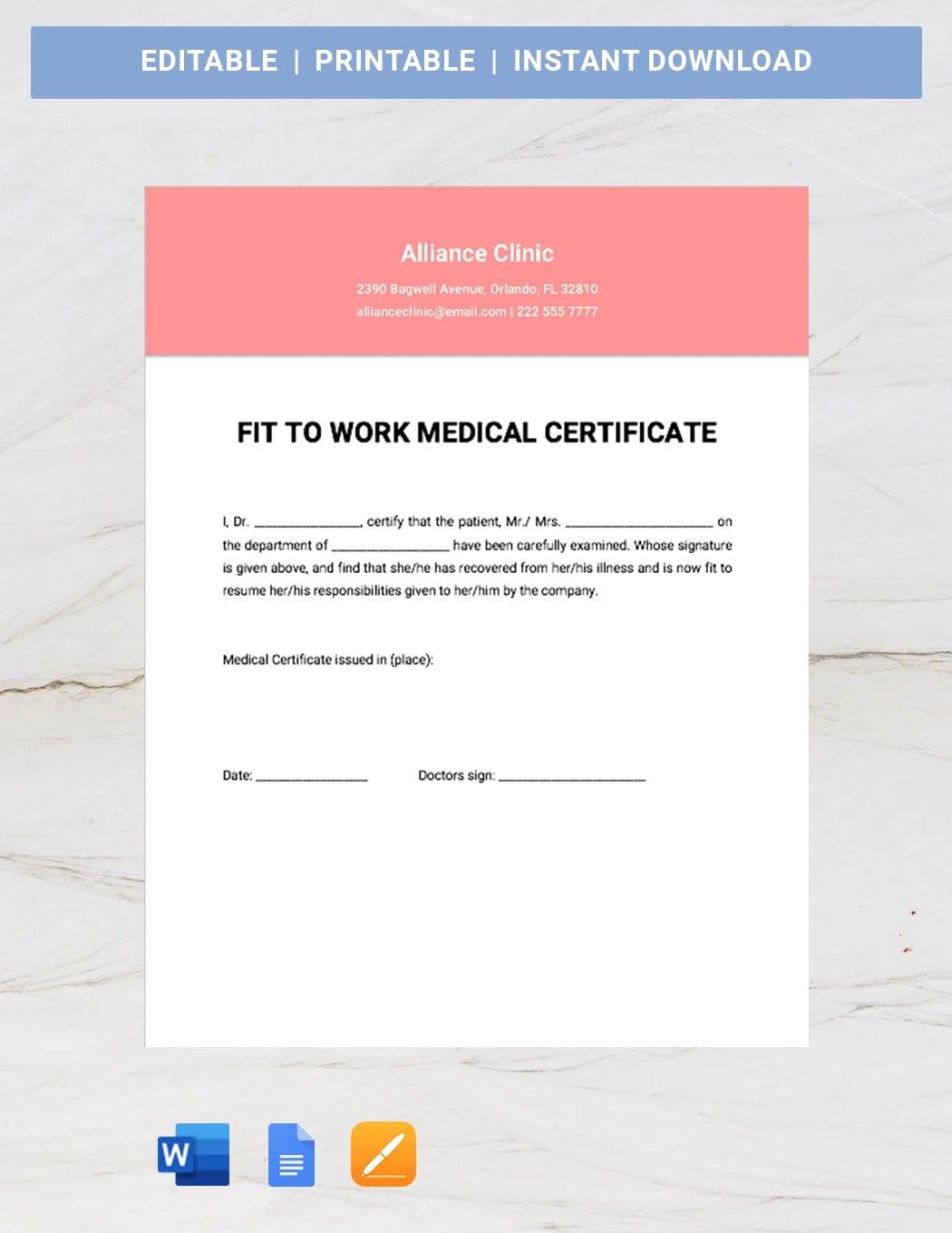 Fit To Work Medical Certificate Template