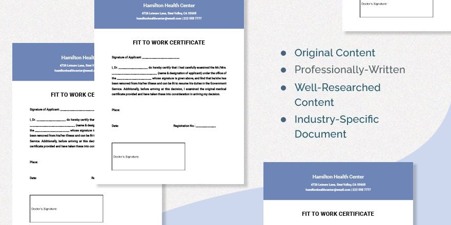 Sample Fit To Work Certificate Template