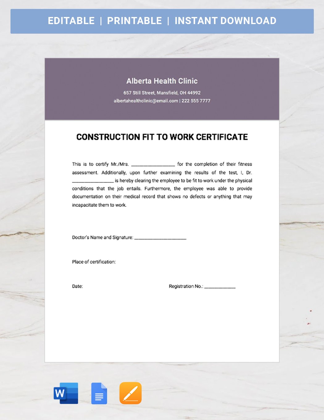 Construction Fit To Work Certificate Template