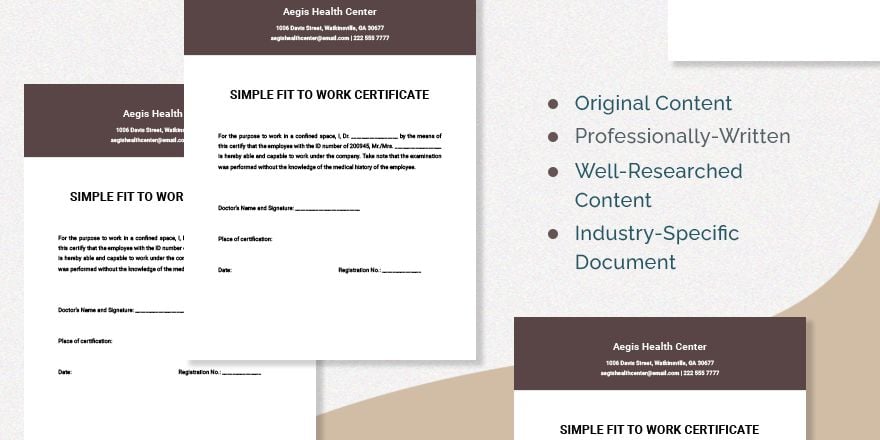 Free Simple Fit To Work Certificate Template