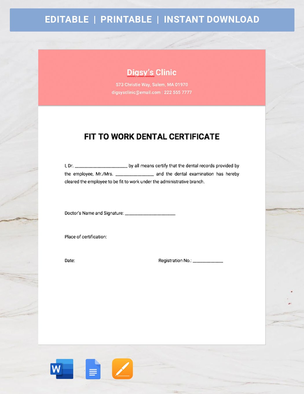 Fit To Work Dental Certificate Template