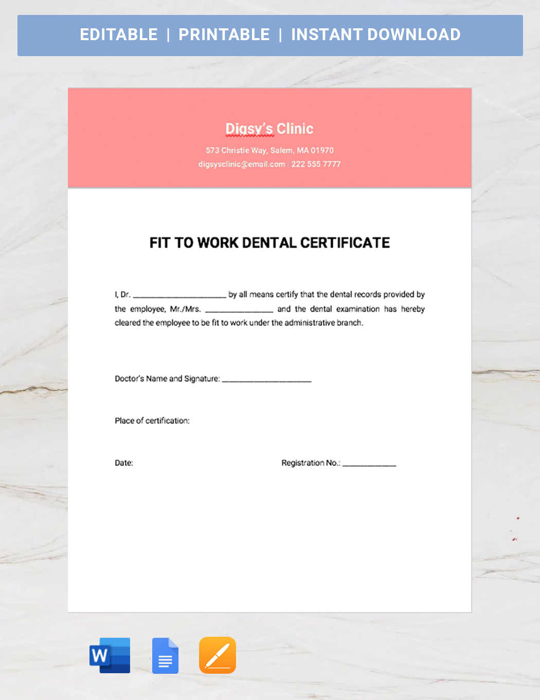 Fit To Work Dental Certificate Template Google Docs Word Apple 