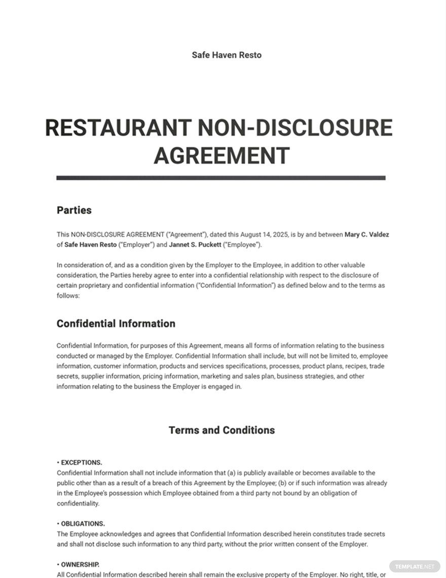 Restaurant Non Disclosure Agreement Template
