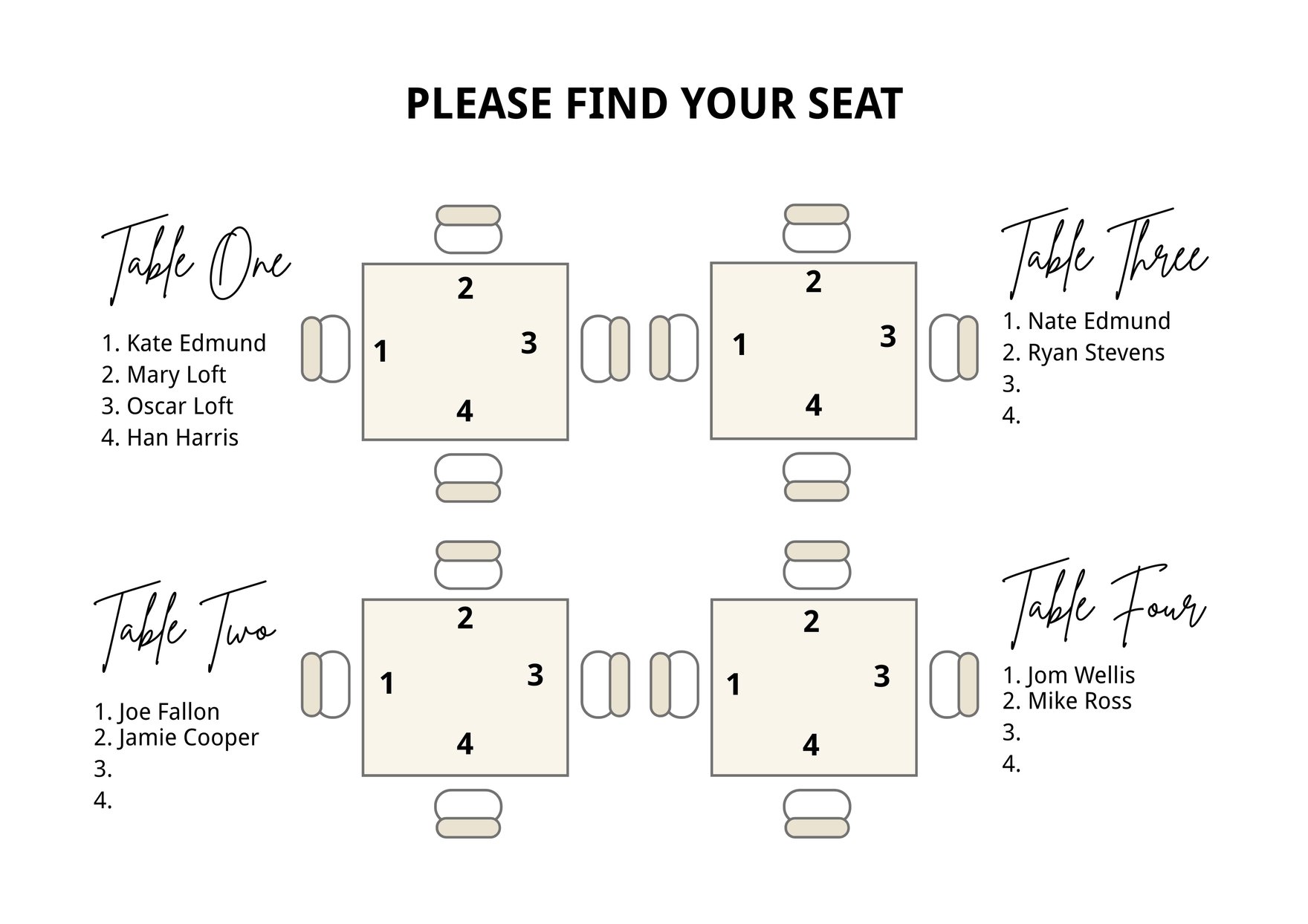 Square Table Seating Chart