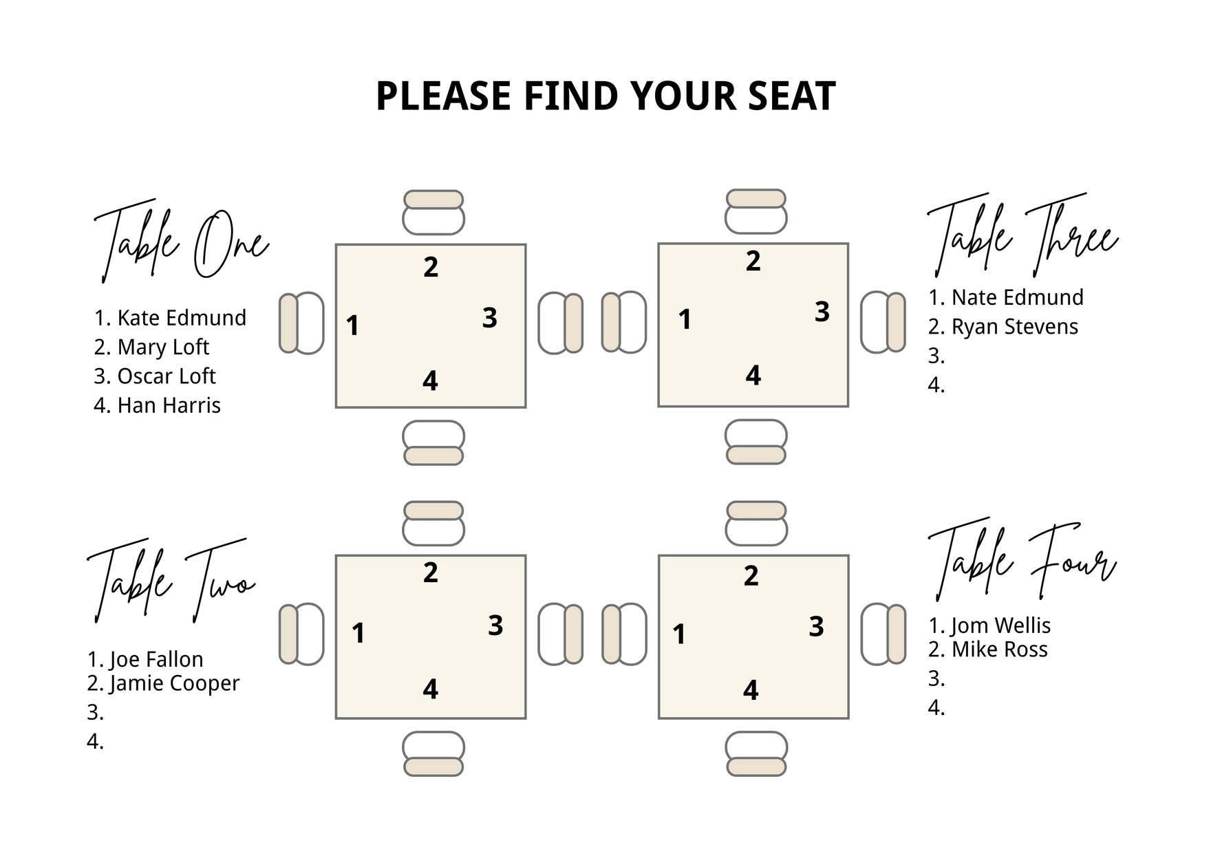 Banquet Table Seating Chart Illustrator PDF Template