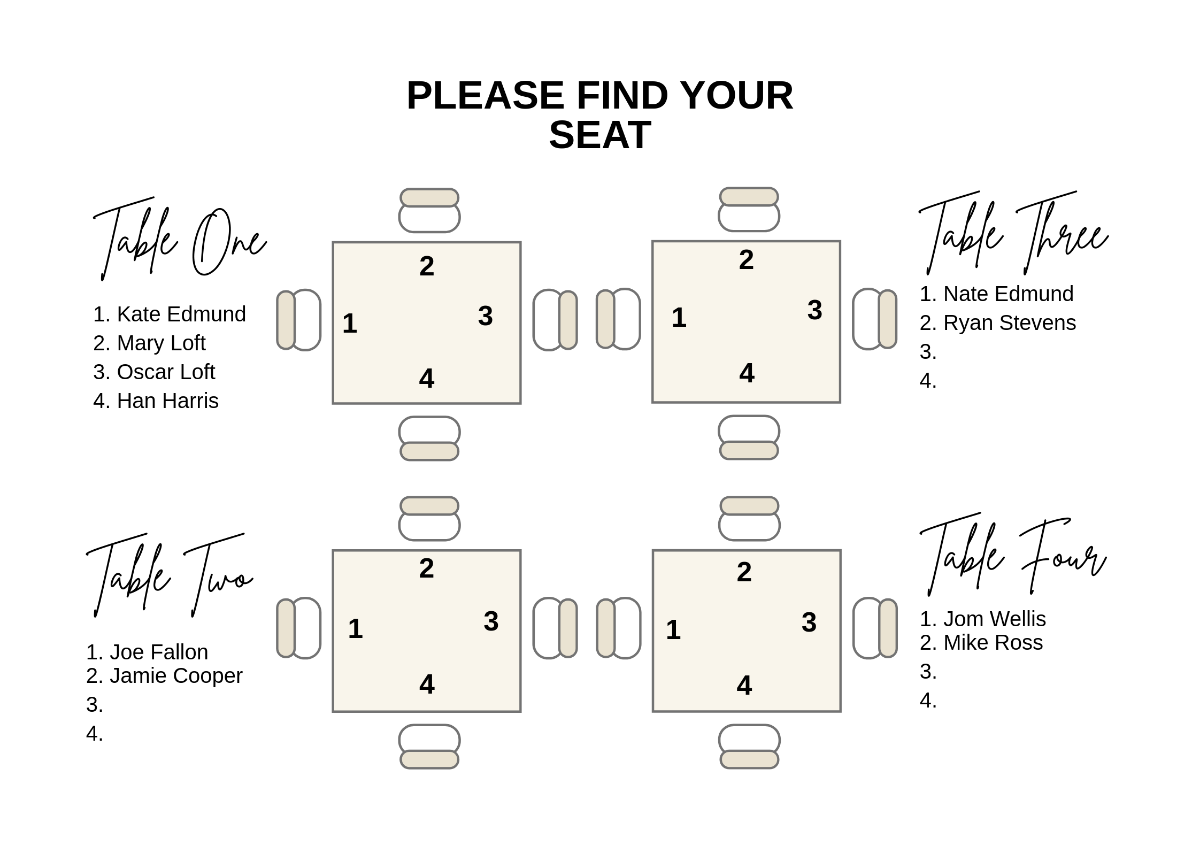 Square Table Seating Chart Template