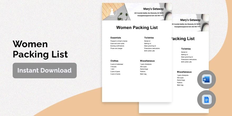 Women Packing List Template in Word, Google Docs, Apple Pages