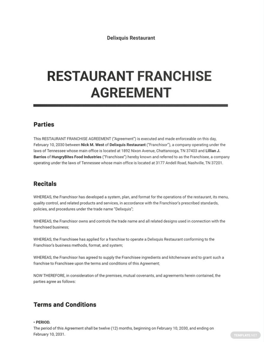 Restaurant Franchise Agreement Template