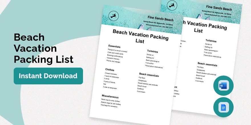 Beach Vacation Packing List Template