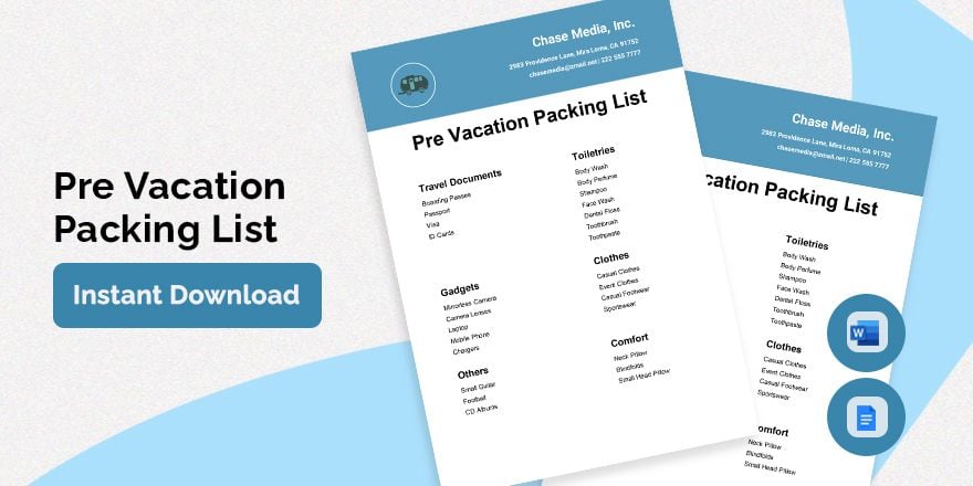 Pre Vacation Packing List Template