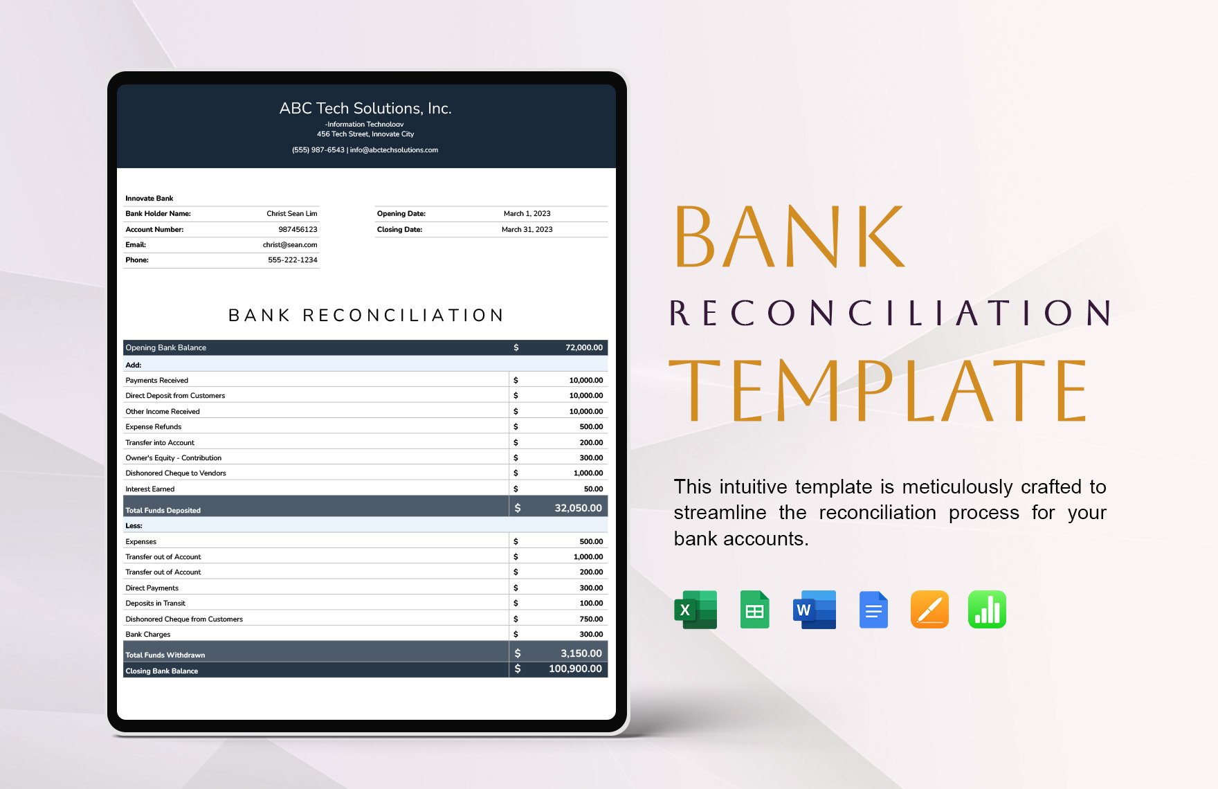 Bank Reconciliation Template in Word, Google Docs, Excel, Google Sheets, Apple Pages, Apple Numbers