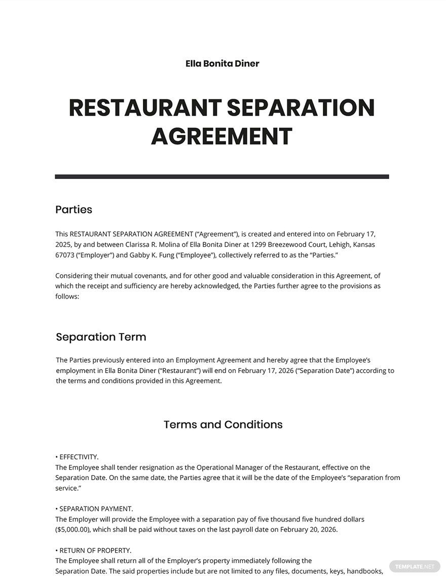 Restaurant Separation Agreement Template
