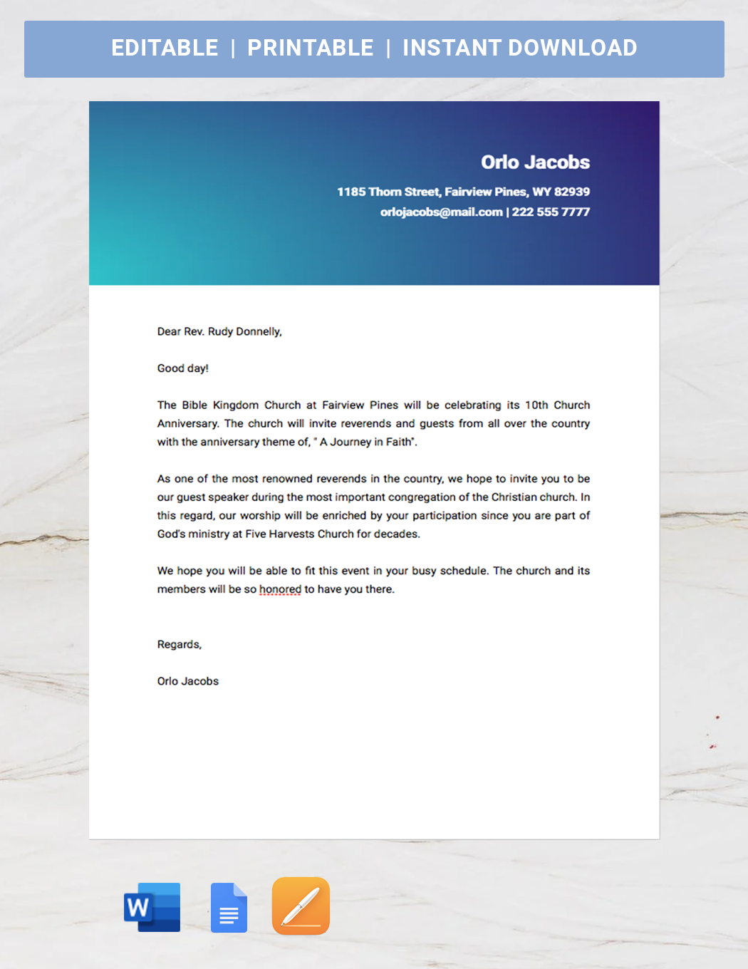 Church Invitation Letters for Guest Speaker - Google Docs, Word, Apple