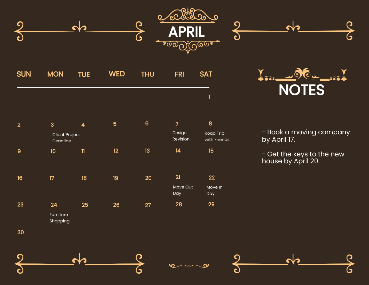 Fancy April 2023 Calendar Template