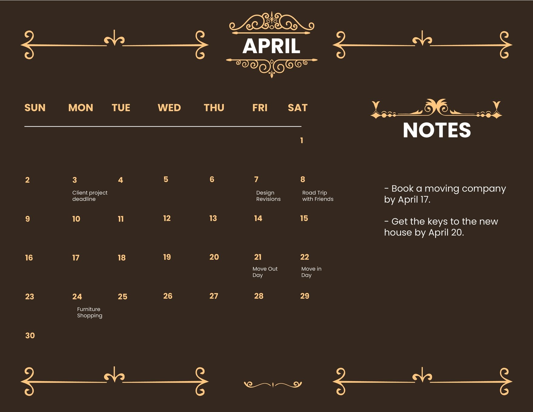 Free Fancy April 2023 Calendar in Word, Illustrator, PSD