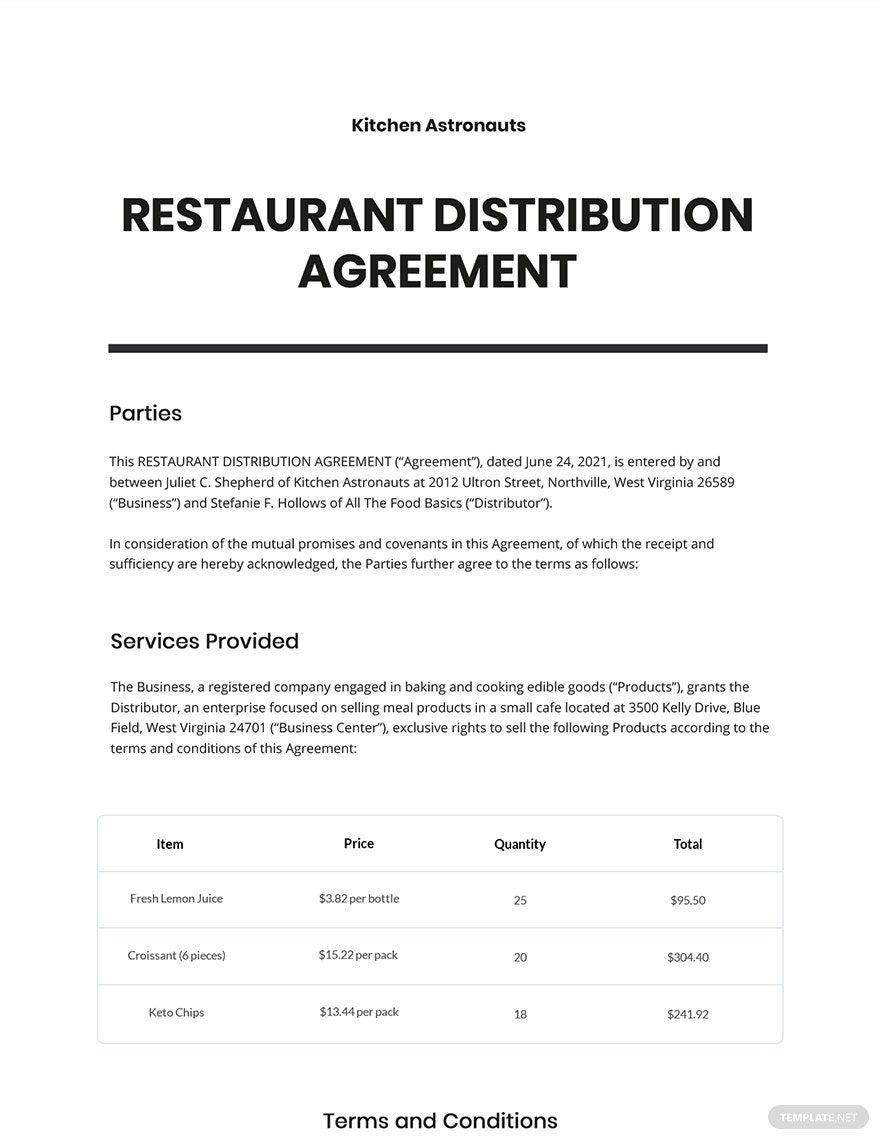 Restaurant Distribution Agreement Template