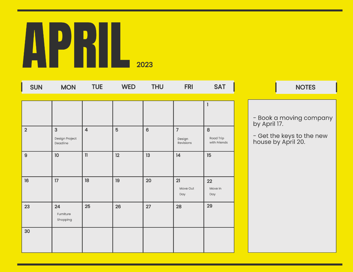 April 2023 Monthly Calendar Template