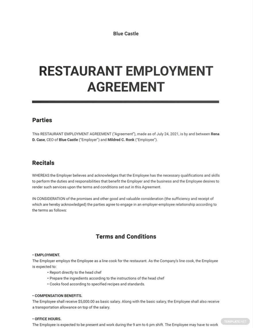 Restaurant Employment Agreement Template