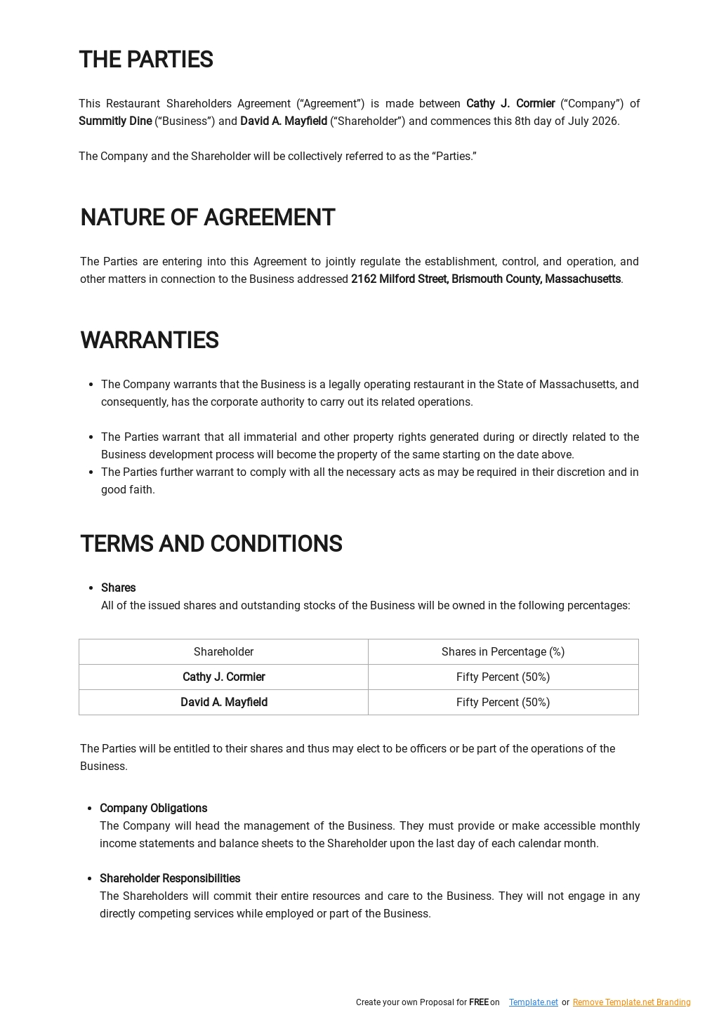 Restaurant Shareholders Agreement Template - Google Docs, Word With shareholders agreement template for small business