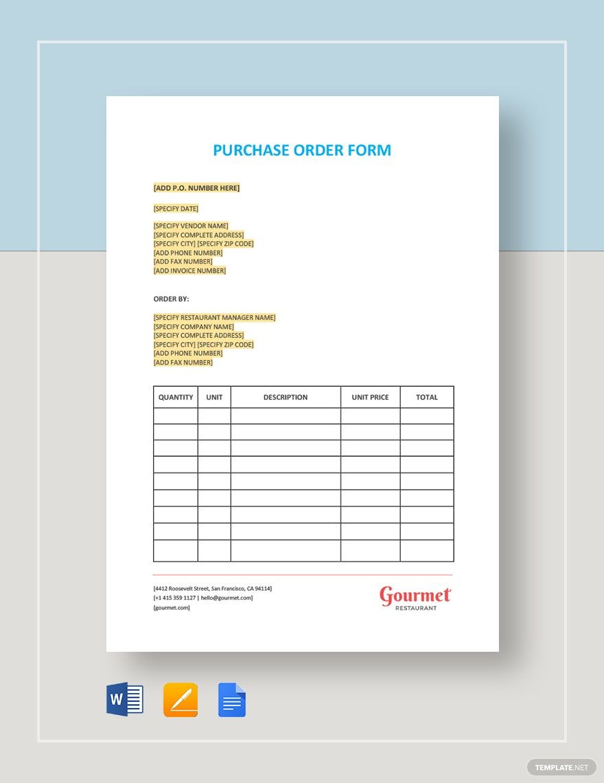 Restaurant Purchase Order Form Template