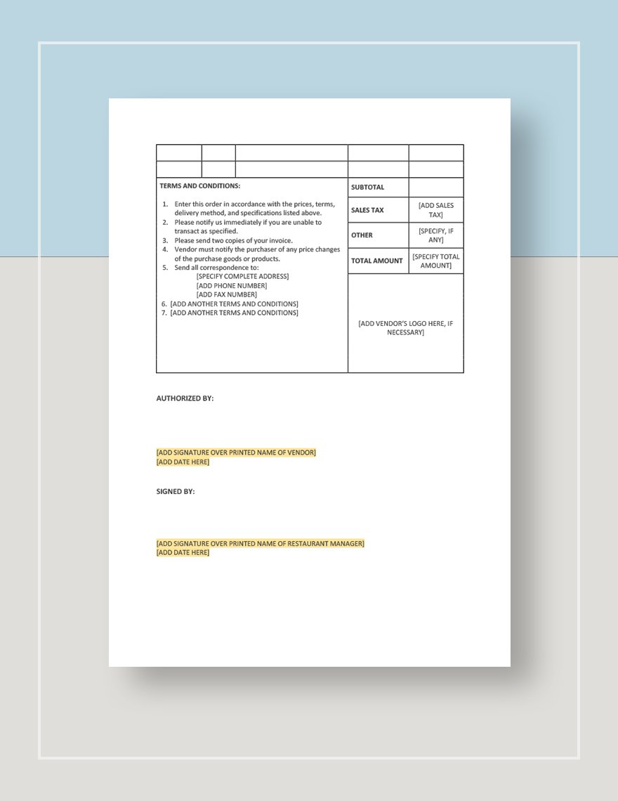Restaurant Purchase Order Form Template in Google Docs Word Pages