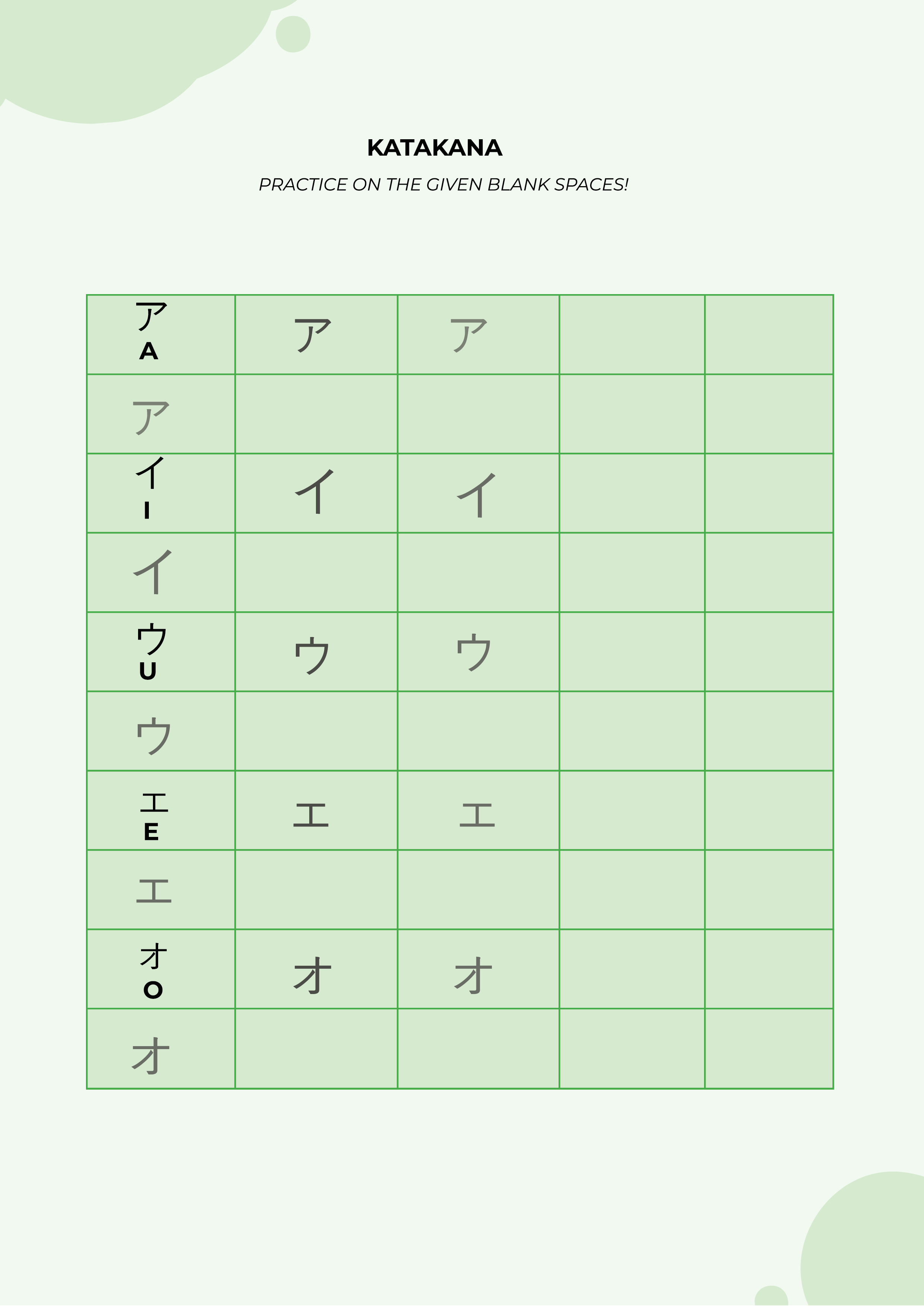 Free Intermediate Hiragana Katakana Practice Chart Template to Edit Online