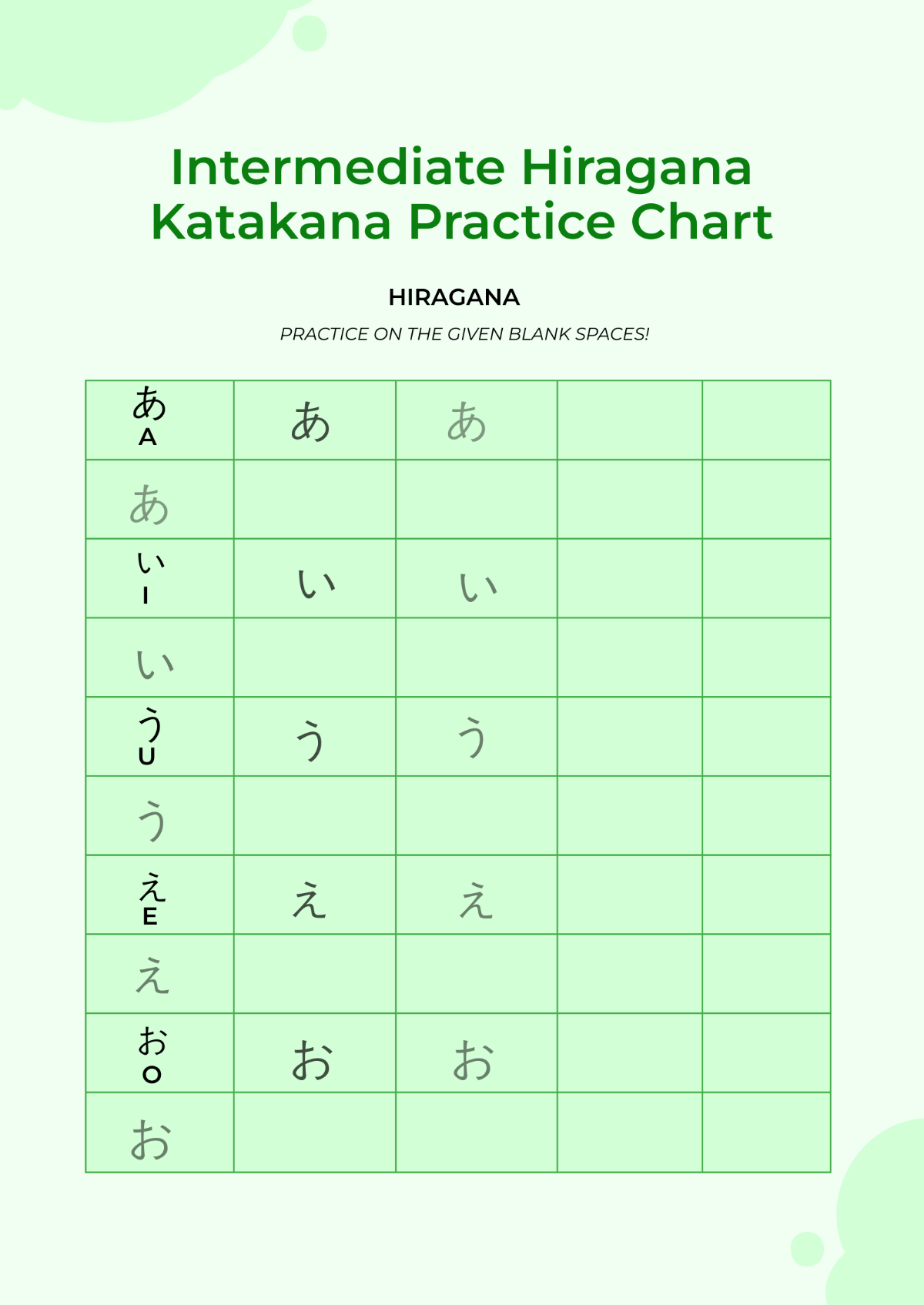 Intermediate Hiragana Katakana Practice Chart Template