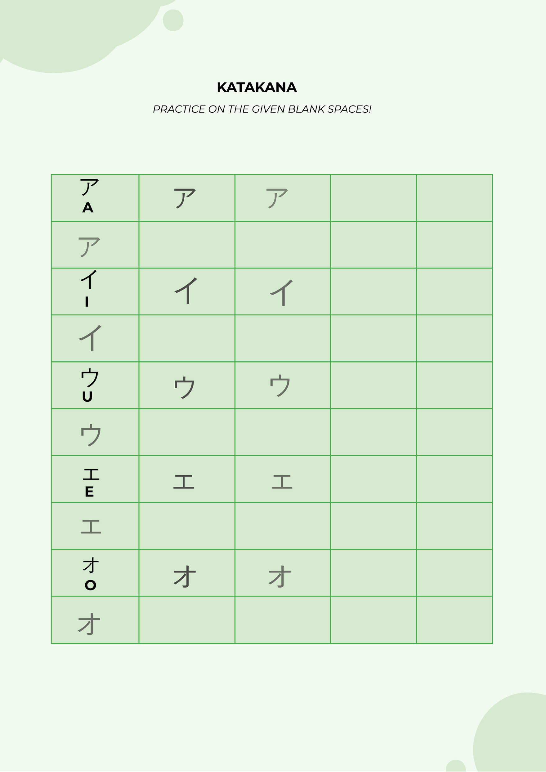 Intermediate Hiragana Katakana Practice Chart