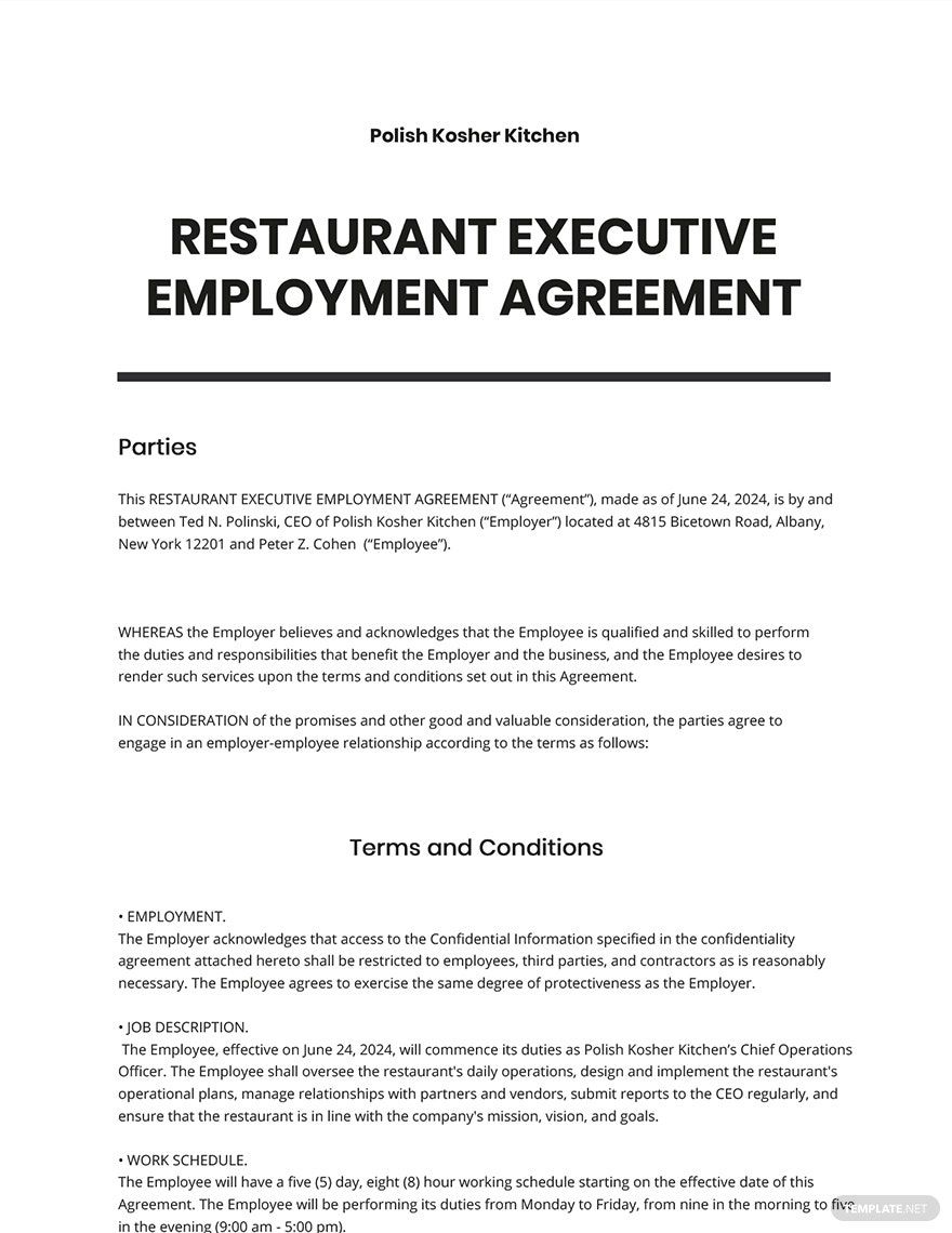 Restaurant Executive Employment Agreement Template