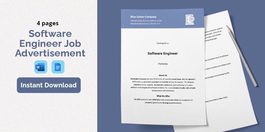 Software Engineer Job Advertisement Template in Word, Google Docs, Apple Pages