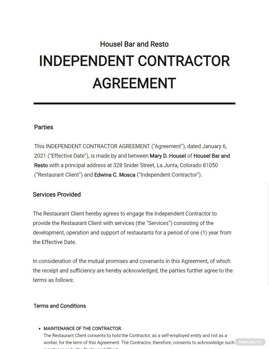 Restaurant Independent Contractor Agreement Template