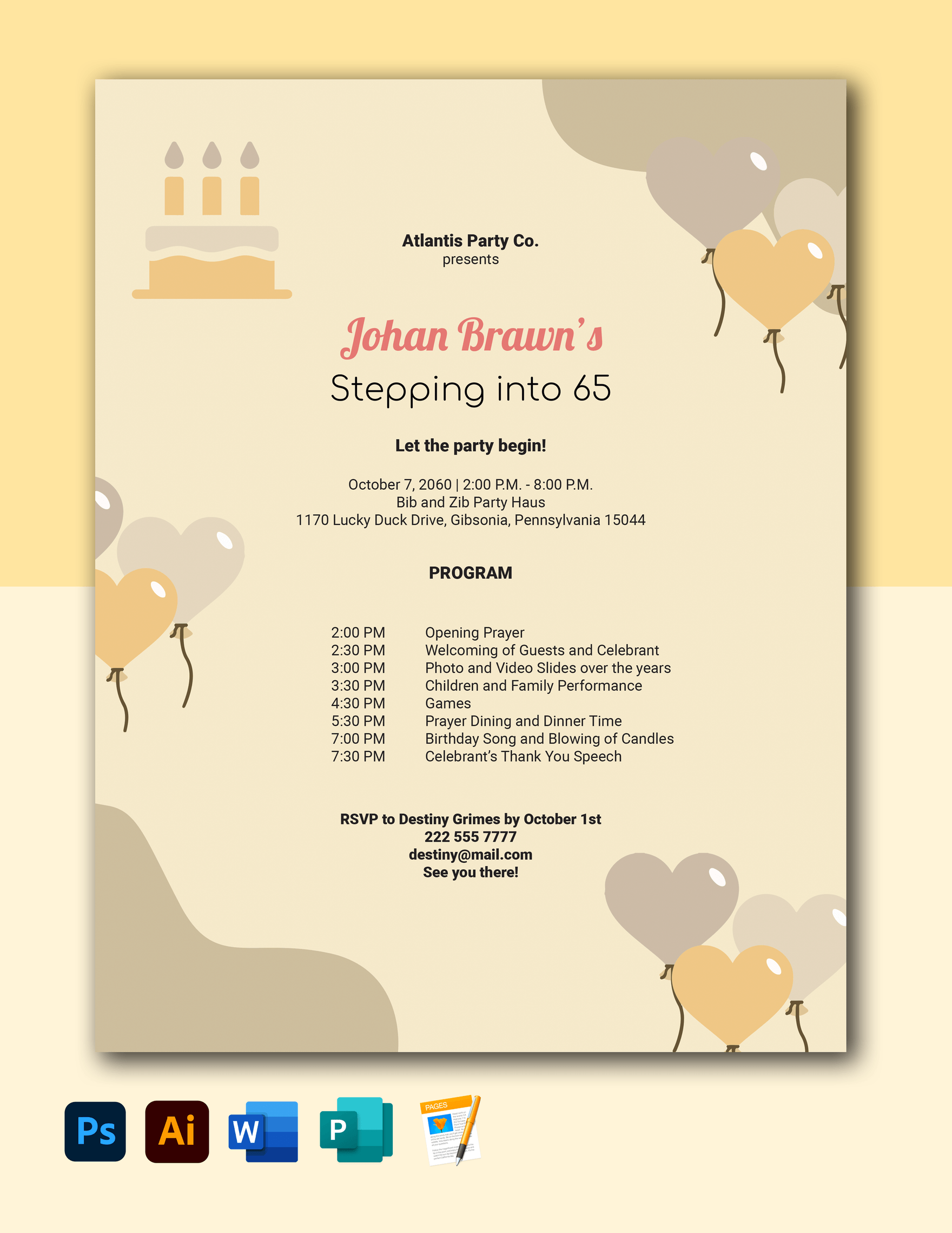 Free 65th Birthday Party Program Template in Word, Illustrator, PSD, Apple Pages