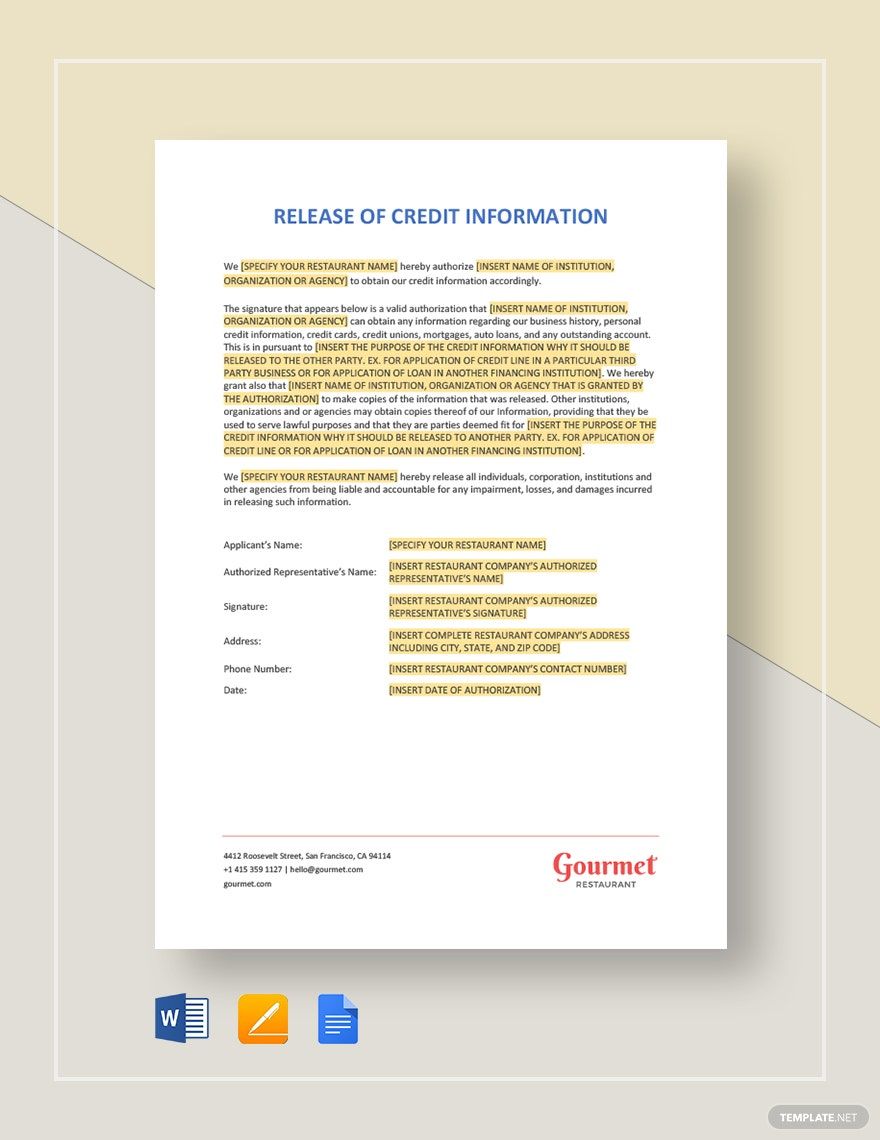 Restaurant Release of Credit Information Template