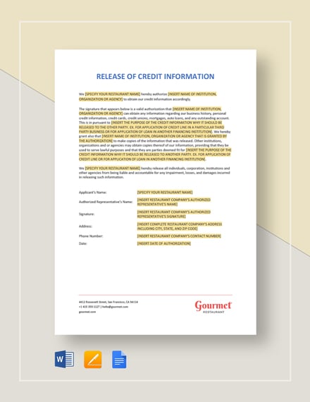 Restaurant Release of Credit Information