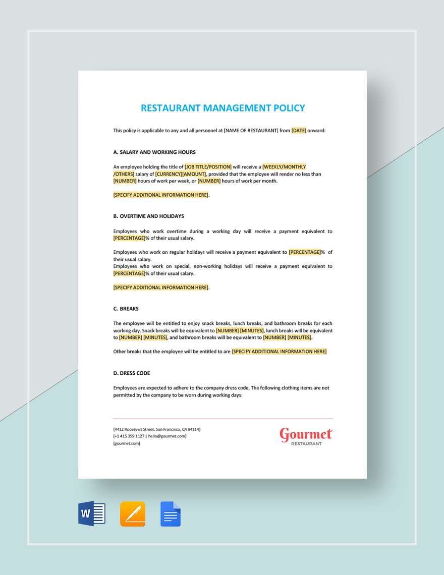 Restaurant Management Policy Template in Pages Word Google Docs