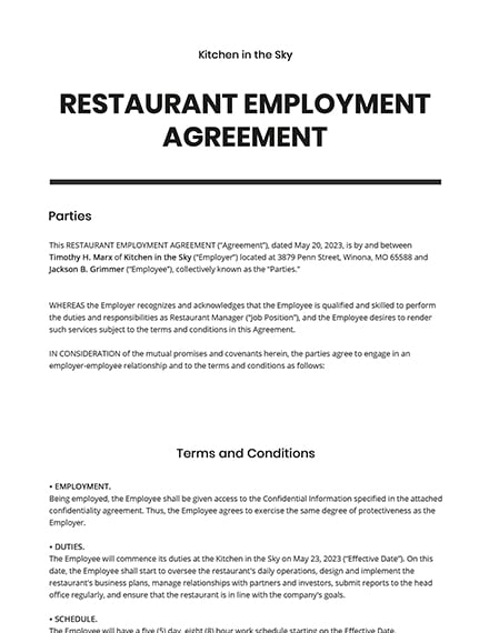 Restaurant Cover Letter Employment Agreement Template Free Pdf Google Docs Word Apple Pages Template Net