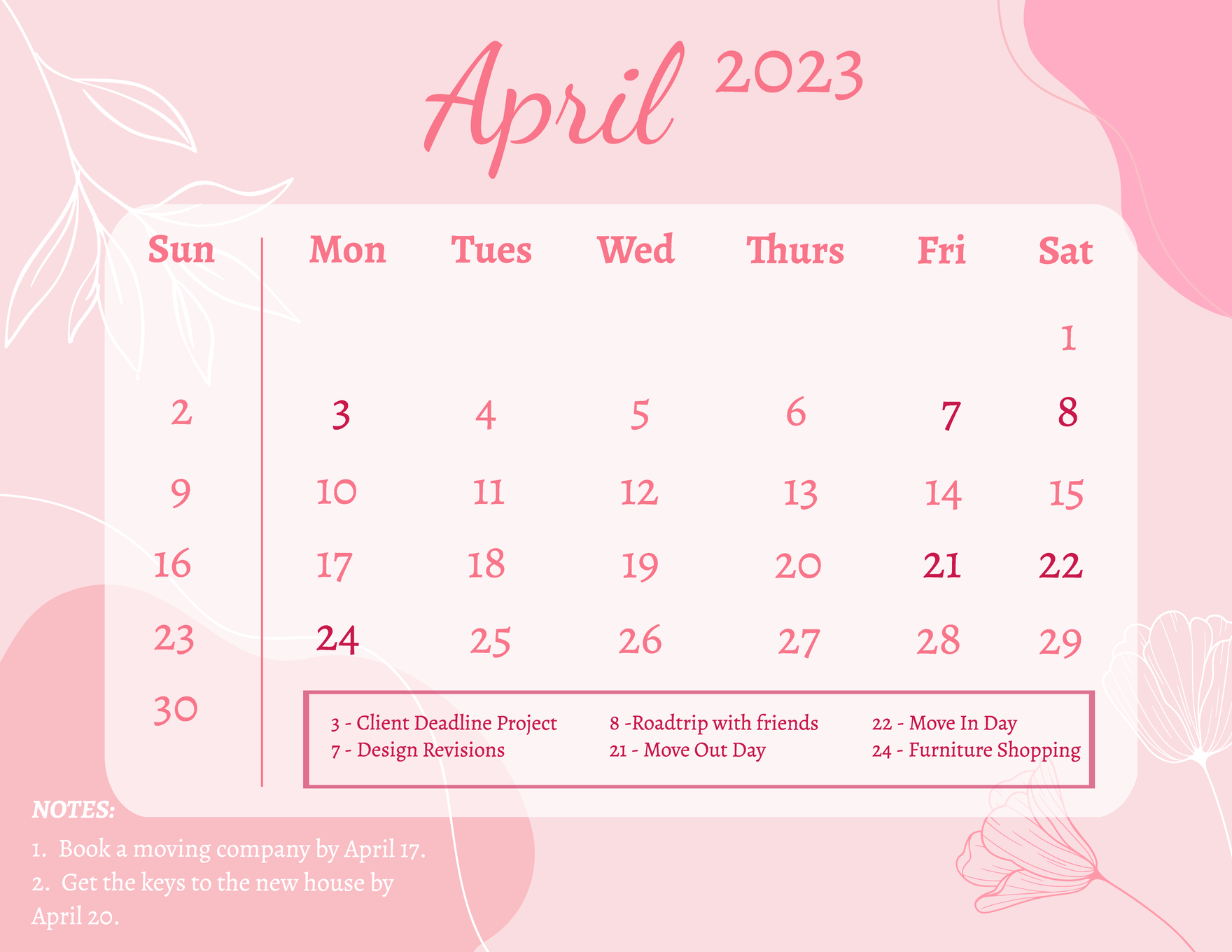 Pink April 2023 Calendar